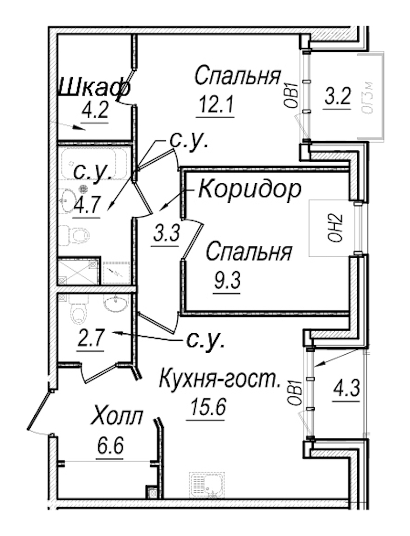 2-комнатная квартира 61.3 м², 7/8 эт., Комплекс апартаментов «Meltzer Hall»